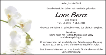 Traueranzeige von Lore Benz von Schwäbische Post