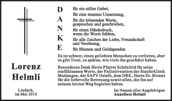 Traueranzeige von Lorenz Helmli von Gmünder Tagespost