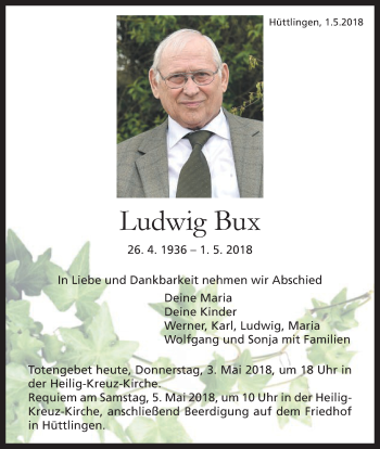 Traueranzeige von Ludwig Bux von Schwäbische Post