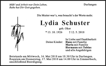 Traueranzeige von Lydia Schuster von Gmünder Tagespost