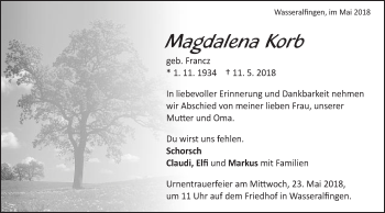 Traueranzeige von Magdalena Korb von Schwäbische Post
