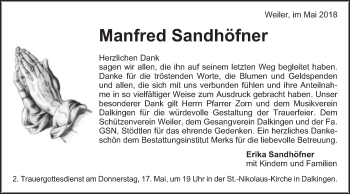 Traueranzeige von Manfred Sandhöfner von Schwäbische Post