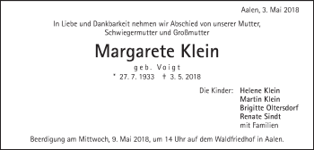 Traueranzeige von Margarete Klein von Schwäbische Post