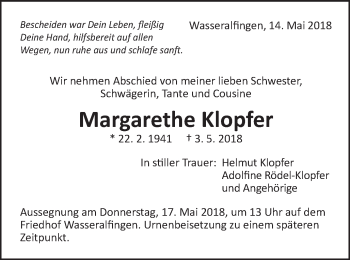 Traueranzeige von Margarethe Klopfer von Schwäbische Post