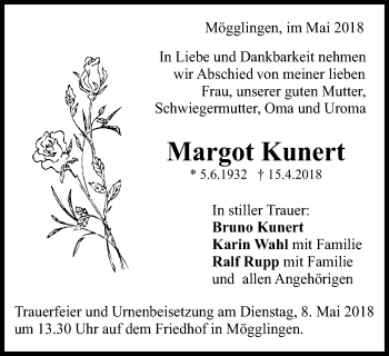 Traueranzeige von Margot Kunert von Gmünder Tagespost