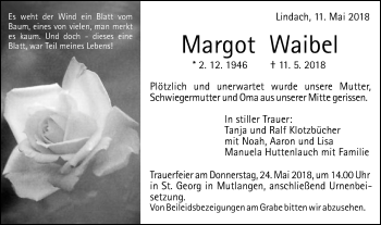 Traueranzeige von Margot Waibel  von Gmünder Tagespost