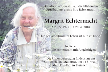 Traueranzeige von Margrit Echternacht von Schwäbische Post