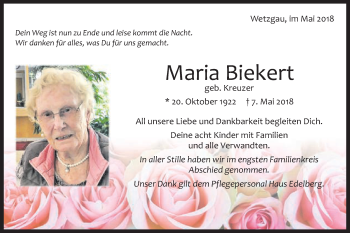 Traueranzeige von Maria Biekert von Gmünder Tagespost