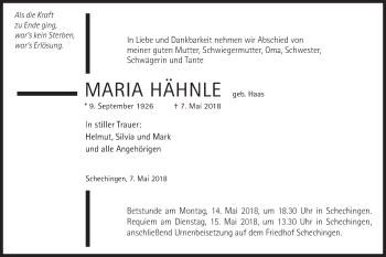 Traueranzeige von Maria Hähnle von Gmünder Tagespost