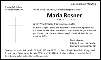 Traueranzeige von Maria Rosner von Schwäbische Post
