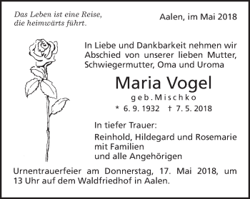 Traueranzeige von Maria Vogel von Schwäbische Post