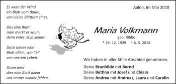 Traueranzeige von Maria Volkmann von Schwäbische Post