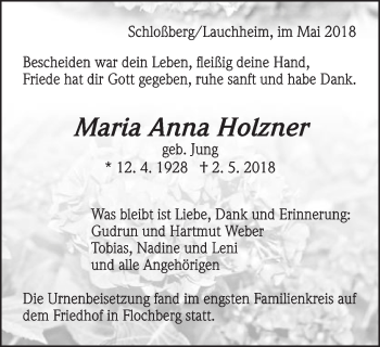 Traueranzeige von Maria Anna Holzner von Schwäbische Post