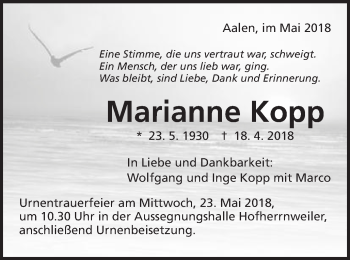 Traueranzeige von Marianne Kopp von Schwäbische Post