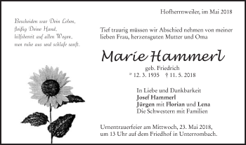 Traueranzeige von Marie Hammerl von Schwäbische Post
