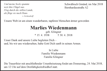 Traueranzeige von Marlies Wiedenmann von Gmünder Tagespost