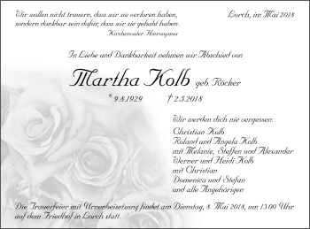 Traueranzeige von Martha Kolb von Gmünder Tagespost