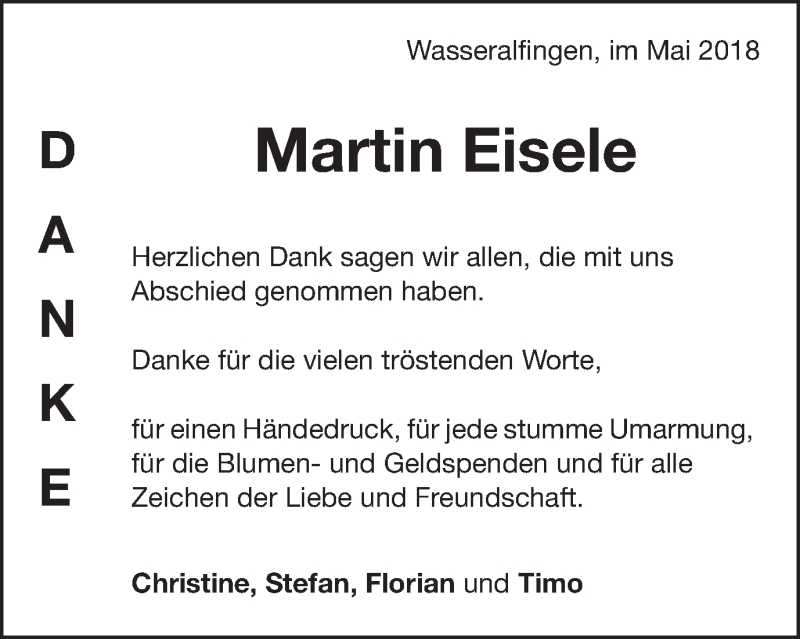  Traueranzeige für Martin Eisele vom 04.05.2018 aus Schwäbische Post