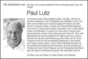 Traueranzeige von Paul Lutz von Schwäbische Post