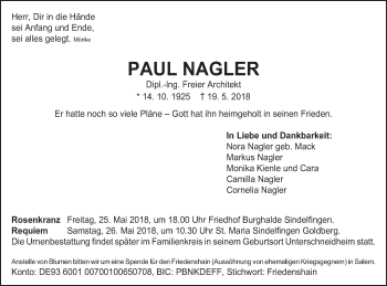 Traueranzeige von Paul Nagler von Schwäbische Post