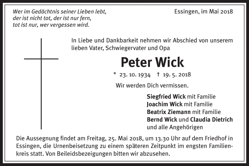  Traueranzeige für Peter Wick vom 23.05.2018 aus Schwäbische Post