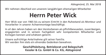 Traueranzeige von Peter Wick von Schwäbische Post