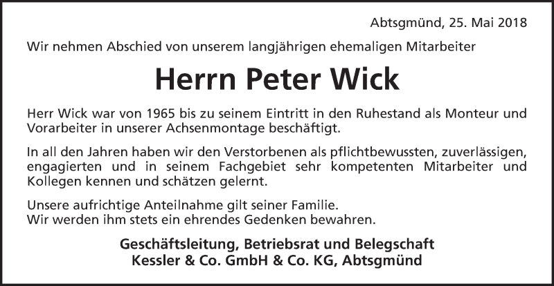  Traueranzeige für Peter Wick vom 25.05.2018 aus Schwäbische Post