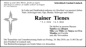 Traueranzeige von Rainer Tienes von Gmünder Tagespost
