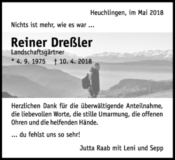 Traueranzeige von Reiner Dreßler von Gmünder Tagespost
