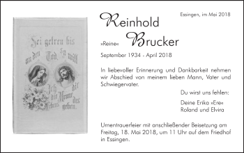 Traueranzeige von Reinhold Brucker von Schwäbische Post