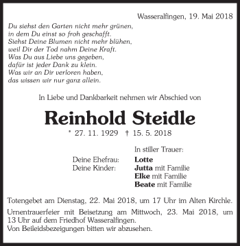 Traueranzeige von Reinhold Steidle von Schwäbische Post
