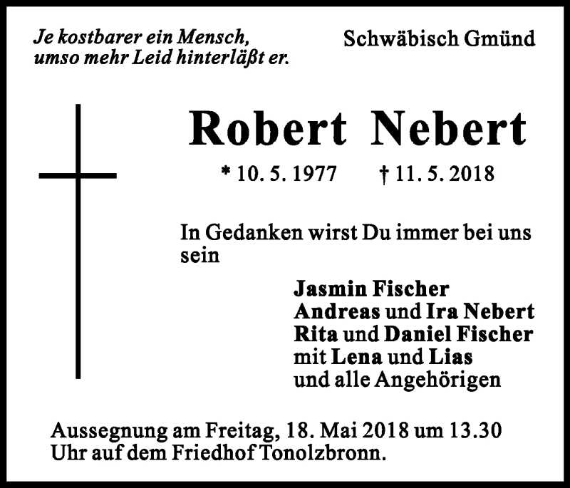  Traueranzeige für Robert Nebert vom 16.05.2018 aus Gmünder Tagespost