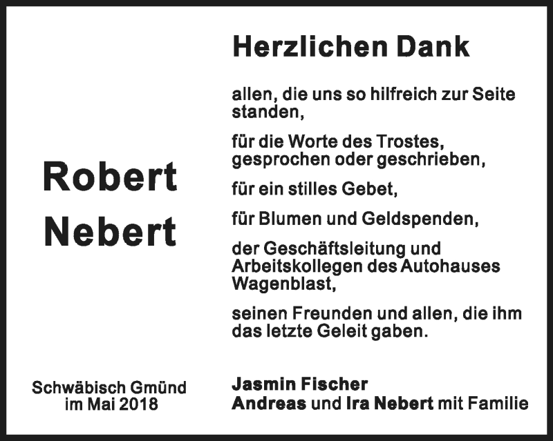  Traueranzeige für Robert Nebert vom 26.05.2018 aus Gmünder Tagespost