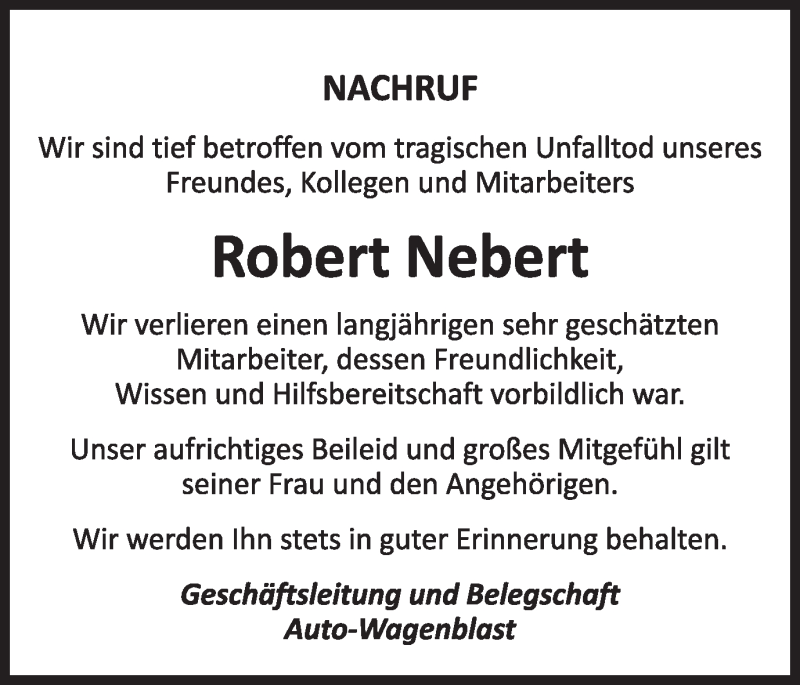  Traueranzeige für Robert Nebert vom 17.05.2018 aus Gmünder Tagespost