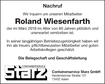 Traueranzeige von Roland Wiesenfarth von Schwäbische Post