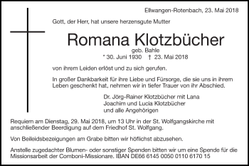 Traueranzeige von Romana Klotzbücher von Schwäbische Post