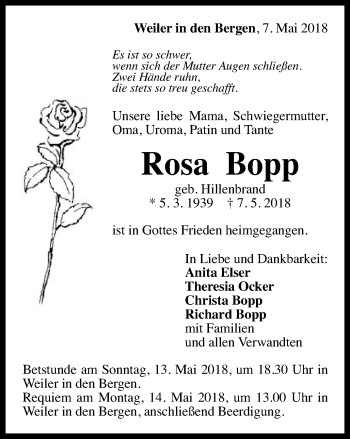 Traueranzeige von Rosa Bopp von Gmünder Tagespost