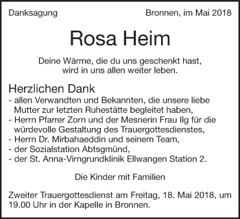 Traueranzeige von Rosa Heim von Schwäbische Post