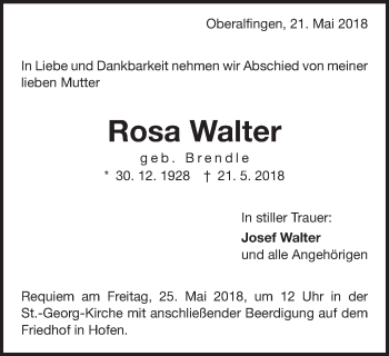 Traueranzeige von Rosa Walter von Schwäbische Post