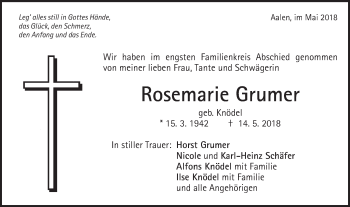 Traueranzeige von Rosemarie Grumer von Schwäbische Post