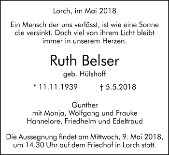 Traueranzeige von Ruth Belser von Gmünder Tagespost