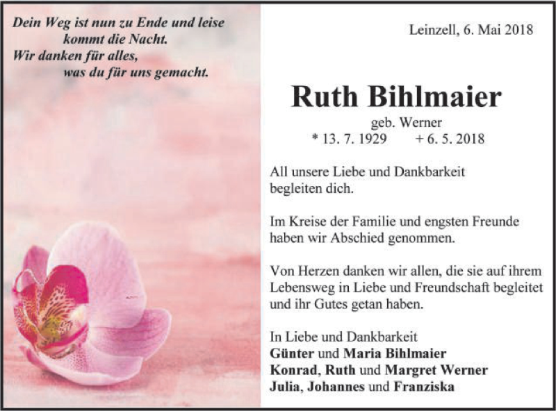  Traueranzeige für Ruth Bihlmaier vom 23.05.2018 aus Gmünder Tagespost