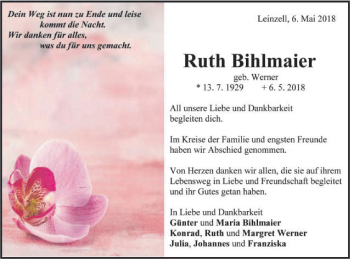 Traueranzeige von Ruth Bihlmaier von Gmünder Tagespost