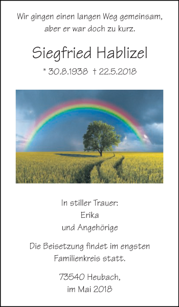 Traueranzeige von Siegfried Hablizel von Gmünder Tagespost