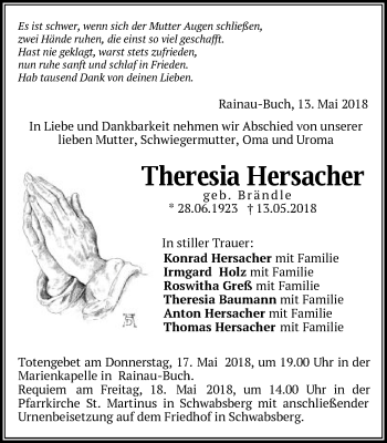 Traueranzeige von Theresia Hersacher von Schwäbische Post
