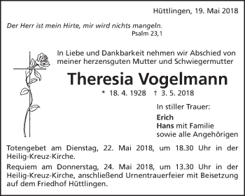 Traueranzeige von Theresia Vogelmann von Schwäbische Post