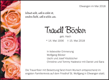 Traueranzeige von Traudl Böcker von Schwäbische Post