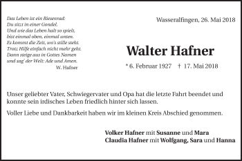 Traueranzeige von Walter Hafner von Schwäbische Post