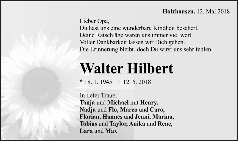  Traueranzeige für Walter Hilbert vom 14.05.2018 aus Gmünder Tagespost