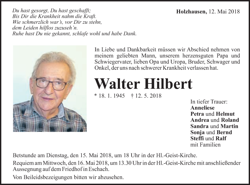  Traueranzeige für Walter Hilbert vom 14.05.2018 aus Gmünder Tagespost